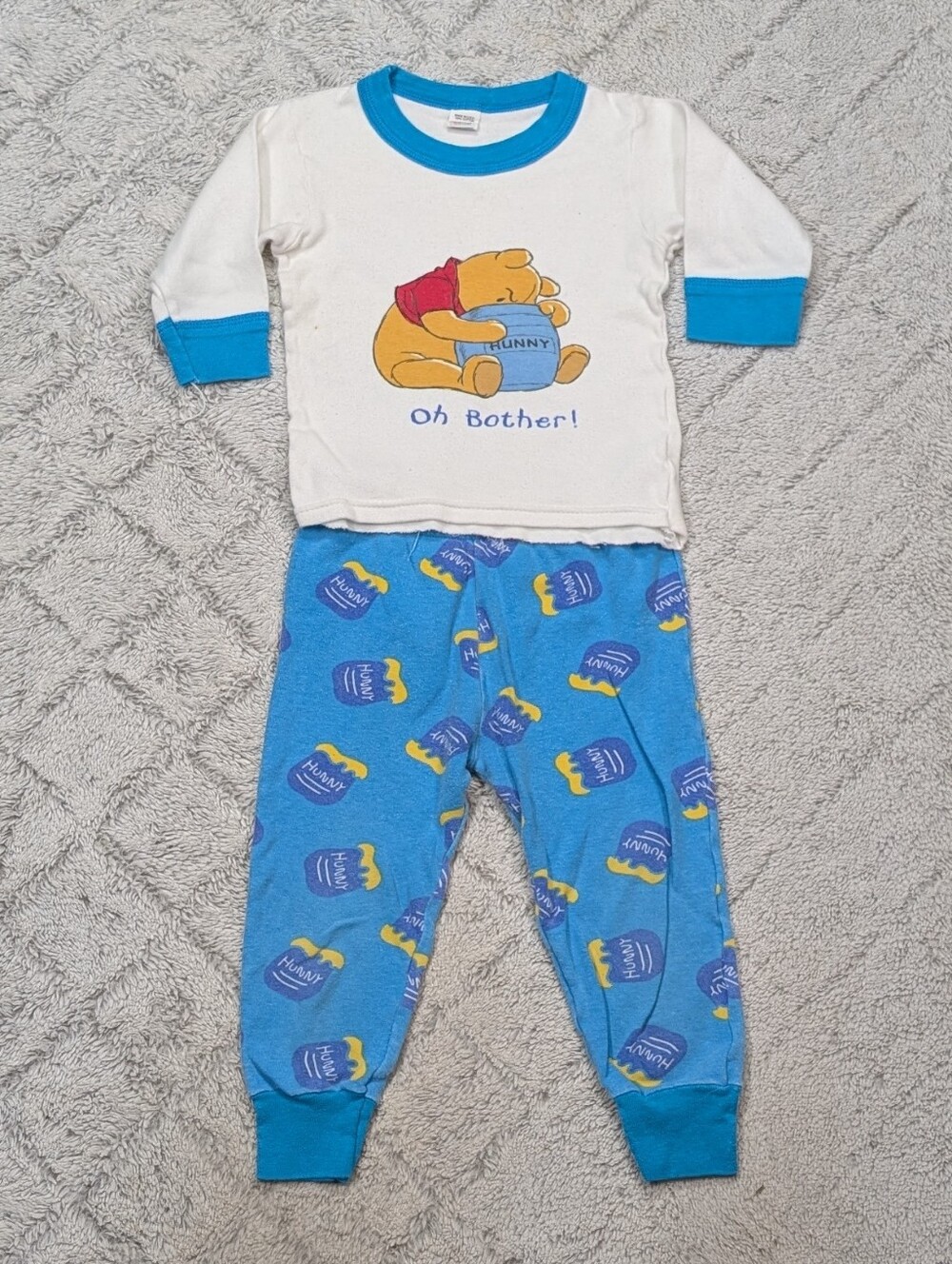 Vtg Disney Winnie The Pooh Shirt Set Kids 3T Blue White Oh Bother Pajamas USA